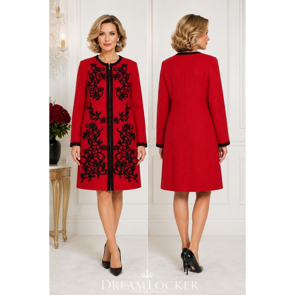 Carlisle Collection Red Tweed Soutache Applique Embroidered Long Coat Jacket 14